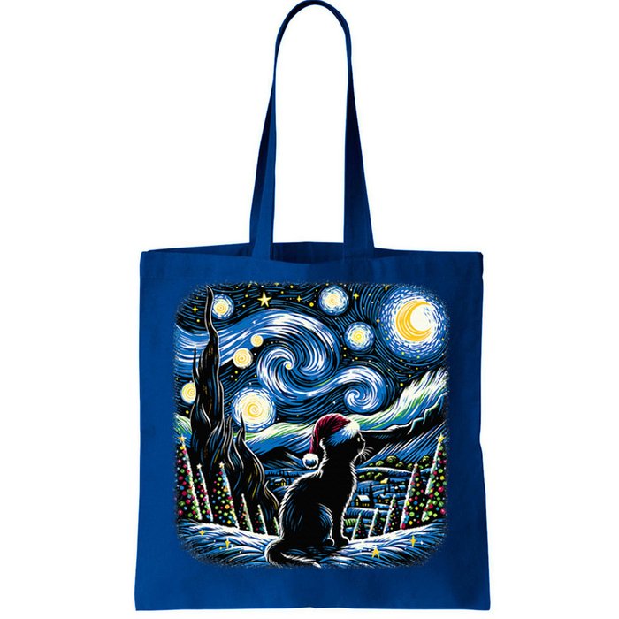 Van Gogh Starry Night Festive Christmas Black Cat Santa Hat  Tote Bag