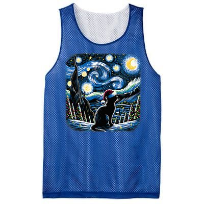 Van Gogh Starry Night Festive Christmas Black Cat Santa Hat  Mesh Reversible Basketball Jersey Tank