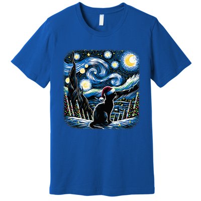 Van Gogh Starry Night Festive Christmas Black Cat Santa Hat  Premium T-Shirt