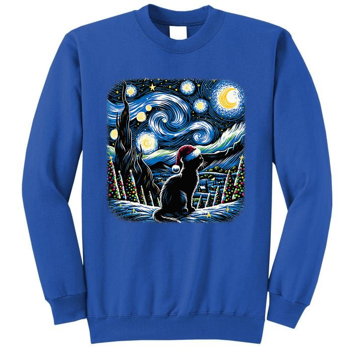 Van Gogh Starry Night Festive Christmas Black Cat Santa Hat  Tall Sweatshirt