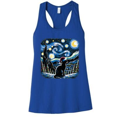 Van Gogh Starry Night Festive Christmas Black Cat Santa Hat  Women's Racerback Tank