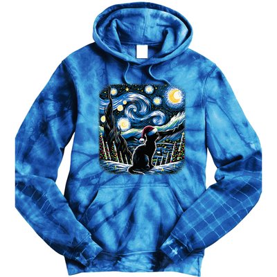 Van Gogh Starry Night Festive Christmas Black Cat Santa Hat  Tie Dye Hoodie