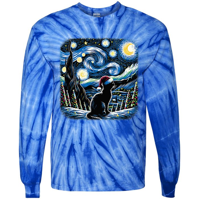 Van Gogh Starry Night Festive Christmas Black Cat Santa Hat  Tie-Dye Long Sleeve Shirt