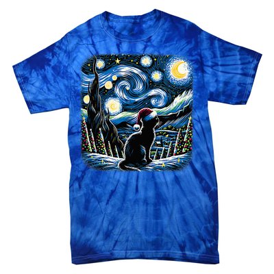 Van Gogh Starry Night Festive Christmas Black Cat Santa Hat  Tie-Dye T-Shirt