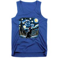 Van Gogh Starry Night Festive Christmas Black Cat Santa Hat  Tank Top