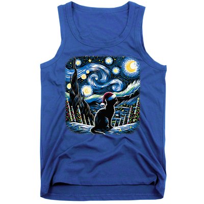 Van Gogh Starry Night Festive Christmas Black Cat Santa Hat  Tank Top