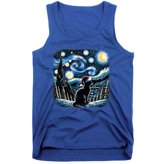 Van Gogh Starry Night Festive Christmas Black Cat Santa Hat  Tank Top