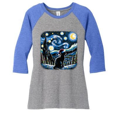 Van Gogh Starry Night Festive Christmas Black Cat Santa Hat  Women's Tri-Blend 3/4-Sleeve Raglan Shirt