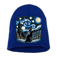 Van Gogh Starry Night Festive Christmas Black Cat Santa Hat  Short Acrylic Beanie