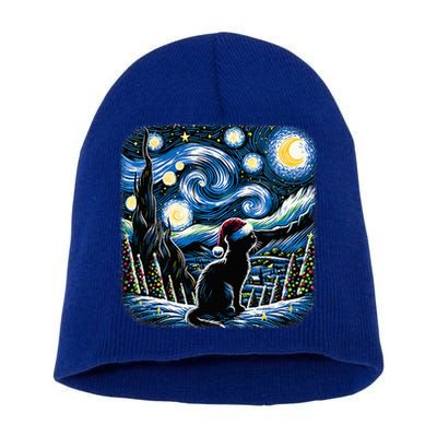 Van Gogh Starry Night Festive Christmas Black Cat Santa Hat  Short Acrylic Beanie