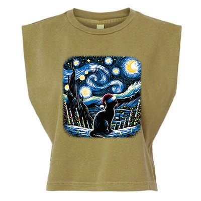 Van Gogh Starry Night Festive Christmas Black Cat Santa Hat  Garment-Dyed Women's Muscle Tee