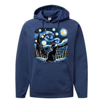 Van Gogh Starry Night Festive Christmas Black Cat Santa Hat  Performance Fleece Hoodie