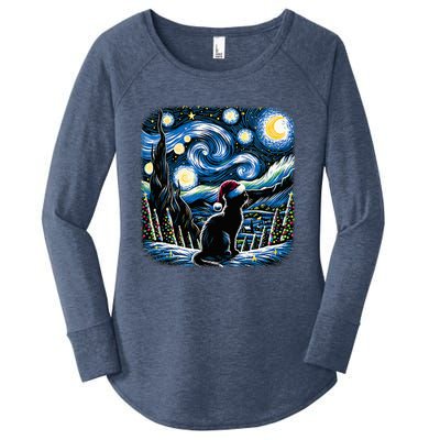 Van Gogh Starry Night Festive Christmas Black Cat Santa Hat  Women's Perfect Tri Tunic Long Sleeve Shirt