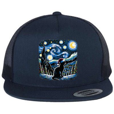 Van Gogh Starry Night Festive Christmas Black Cat Santa Hat  Flat Bill Trucker Hat