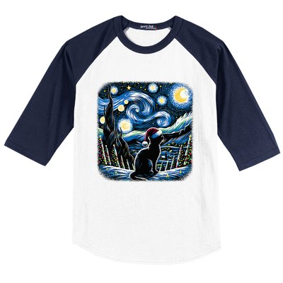 Van Gogh Starry Night Festive Christmas Black Cat Santa Hat  Baseball Sleeve Shirt