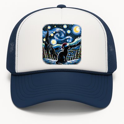 Van Gogh Starry Night Festive Christmas Black Cat Santa Hat  Trucker Hat