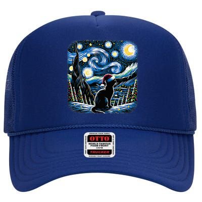 Van Gogh Starry Night Festive Christmas Black Cat Santa Hat  High Crown Mesh Back Trucker Hat