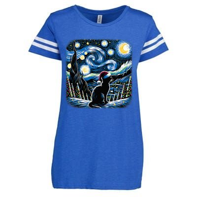 Van Gogh Starry Night Festive Christmas Black Cat Santa Hat  Enza Ladies Jersey Football T-Shirt