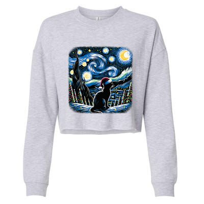 Van Gogh Starry Night Festive Christmas Black Cat Santa Hat  Cropped Pullover Crew