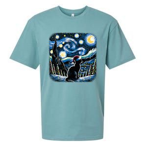 Van Gogh Starry Night Festive Christmas Black Cat Santa Hat  Sueded Cloud Jersey T-Shirt