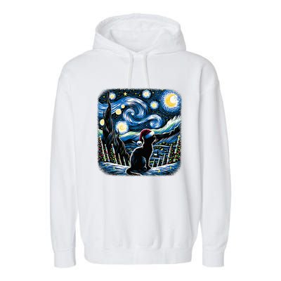 Van Gogh Starry Night Festive Christmas Black Cat Santa Hat  Garment-Dyed Fleece Hoodie