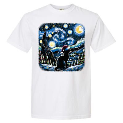 Van Gogh Starry Night Festive Christmas Black Cat Santa Hat  Garment-Dyed Heavyweight T-Shirt