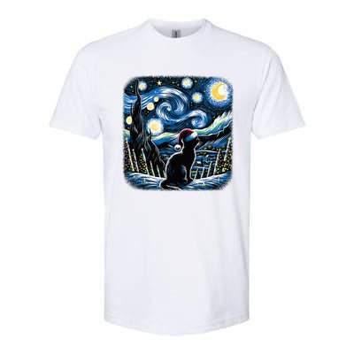 Van Gogh Starry Night Festive Christmas Black Cat Santa Hat  Softstyle CVC T-Shirt