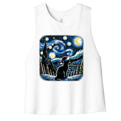 Van Gogh Starry Night Festive Christmas Black Cat Santa Hat  Women's Racerback Cropped Tank