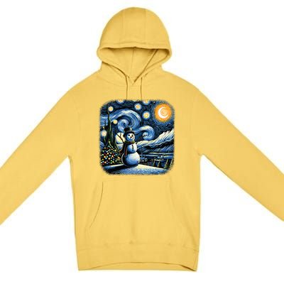 Van Gogh Starry Night Christmas Snowman Winter Snowy Night  Premium Pullover Hoodie