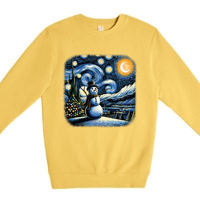 Van Gogh Starry Night Christmas Snowman Winter Snowy Night  Premium Crewneck Sweatshirt