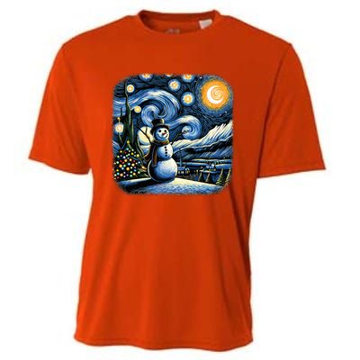 Van Gogh Starry Night Christmas Snowman Winter Snowy Night  Cooling Performance Crew T-Shirt