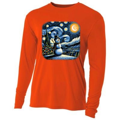 Van Gogh Starry Night Christmas Snowman Winter Snowy Night  Cooling Performance Long Sleeve Crew