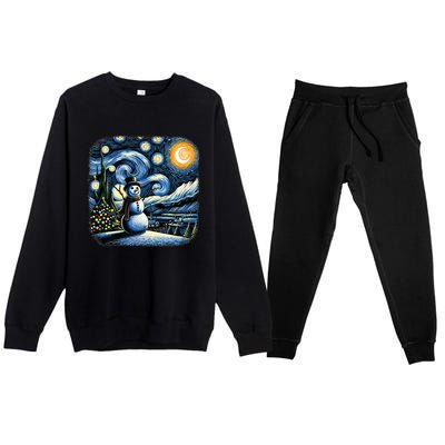 Van Gogh Starry Night Christmas Snowman Winter Snowy Night  Premium Crewneck Sweatsuit Set