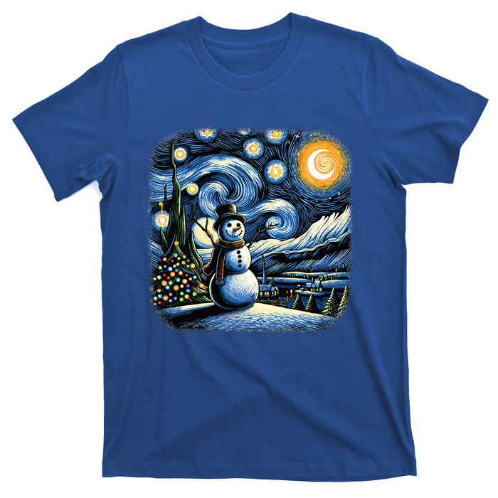 Van Gogh Starry Night Christmas Snowman Winter Snowy Night  T-Shirt