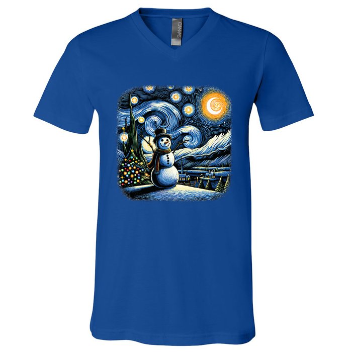 Van Gogh Starry Night Christmas Snowman Winter Snowy Night  V-Neck T-Shirt