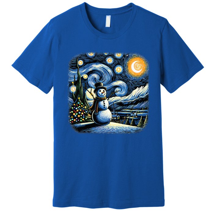 Van Gogh Starry Night Christmas Snowman Winter Snowy Night  Premium T-Shirt