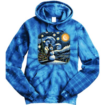 Van Gogh Starry Night Christmas Snowman Winter Snowy Night  Tie Dye Hoodie