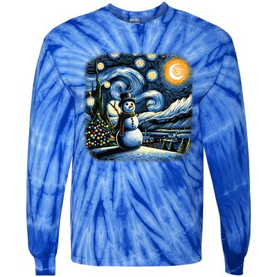 Van Gogh Starry Night Christmas Snowman Winter Snowy Night  Tie-Dye Long Sleeve Shirt