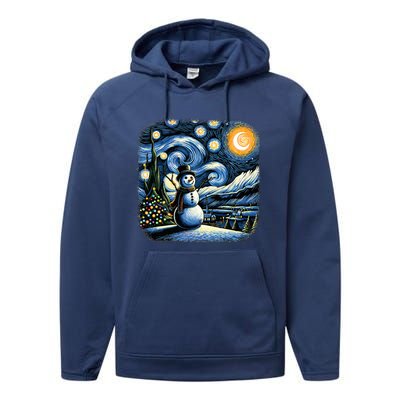 Van Gogh Starry Night Christmas Snowman Winter Snowy Night  Performance Fleece Hoodie