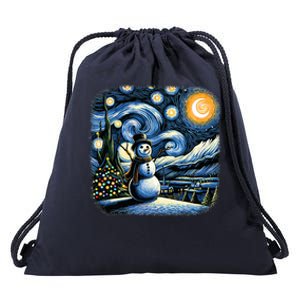 Van Gogh Starry Night Christmas Snowman Winter Snowy Night  Drawstring Bag