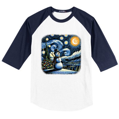 Van Gogh Starry Night Christmas Snowman Winter Snowy Night  Baseball Sleeve Shirt