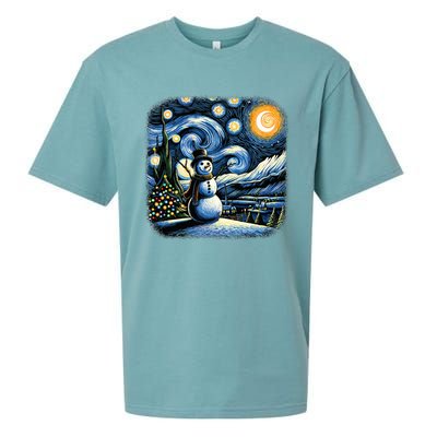 Van Gogh Starry Night Christmas Snowman Winter Snowy Night  Sueded Cloud Jersey T-Shirt