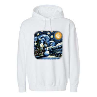 Van Gogh Starry Night Christmas Snowman Winter Snowy Night  Garment-Dyed Fleece Hoodie