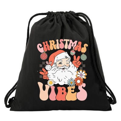 Vintage Groovy Santa Claus Christmas Vibes Drawstring Bag