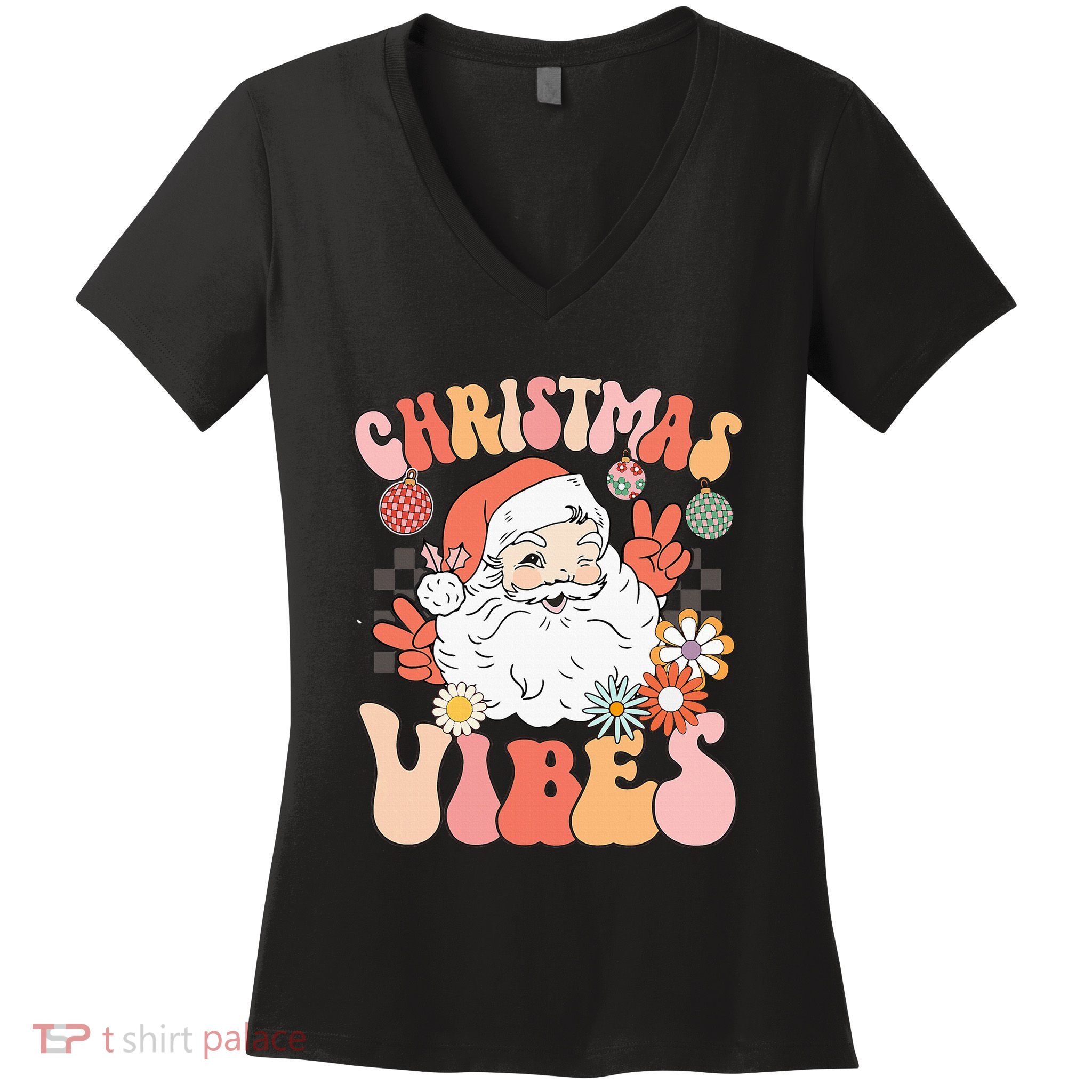 Vintage Groovy Santa Claus Christmas Vibes Women's V-Neck T-Shirt
