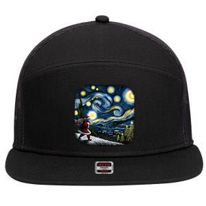 Van Gogh Starry Night Santa Christmas Winter Snowy Night 7 Panel Mesh Trucker Snapback Hat