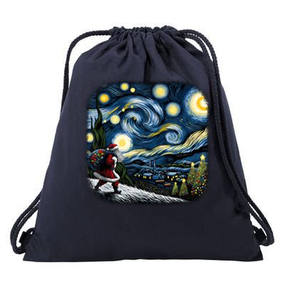 Van Gogh Starry Night Santa Christmas Winter Snowy Night Drawstring Bag