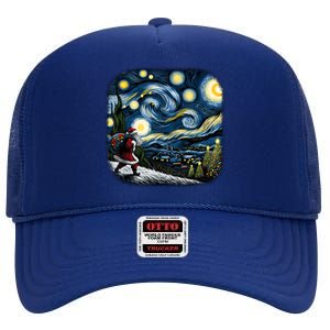 Van Gogh Starry Night Santa Christmas Winter Snowy Night High Crown Mesh Back Trucker Hat