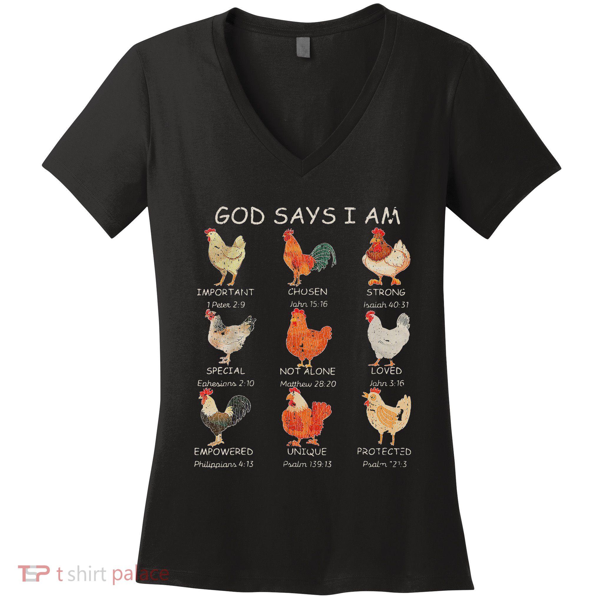 Vintage God Says I Am Bible Verse Christian Farm Chickens Re Women's V-Neck T-Shirt