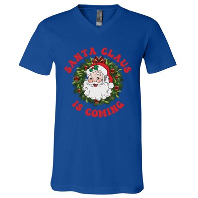 Vintage Groovy Santa Claus Is Coming Old Fashioned Christmas Meaningful Gift V-Neck T-Shirt